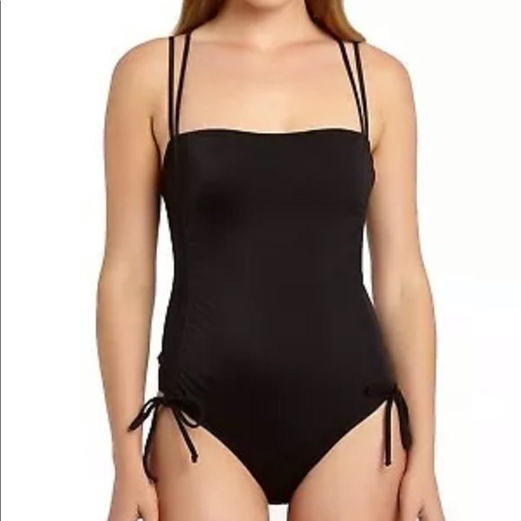 CALIFORNIA Waves Black Ribbed Side Tie Swimsuit - Picture 1 of 10